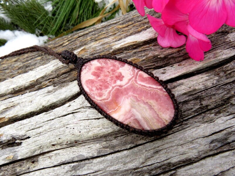 Rhodocrosite macrame necklace, mothers day gift