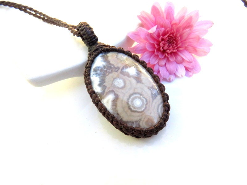 Ocean Jasper macrame necklace, gemstone jewelry