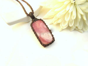 Mothers day gift ideas, Rhodocrosite macrame necklace, heart chakra gemstone pendant, gift ideas for the therapist, for the zen seeker