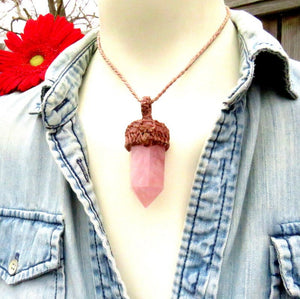 Rose Quartz Crystal Point Necklace, macrame necklace, macrame jewelry, heart chakra jewelry, pink crystal, mother's day gift, gifts for mom