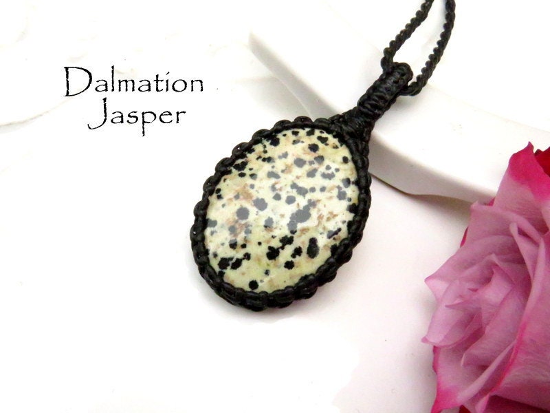 Dalmation Jasper macrame necklace, jasper pendant