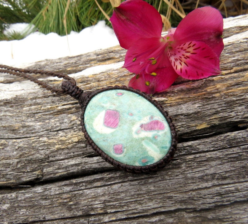 Vitality Ruby Fuchsite macrame necklace, Fuchsite pendant