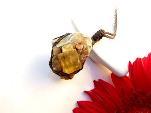 Yellow Fluorite and Quartz necklace, macrame necklace, fluorite crystal, gift ideas for the rock collector, rare crystal jewelry