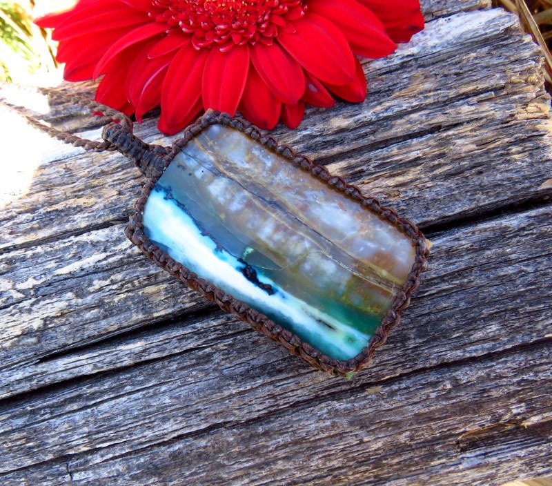 Rare Blue Petrifed Wood macrame necklace, gemstone necklace