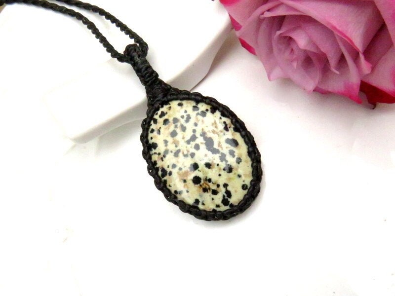 Dalmation Jasper macrame necklace, jasper pendant