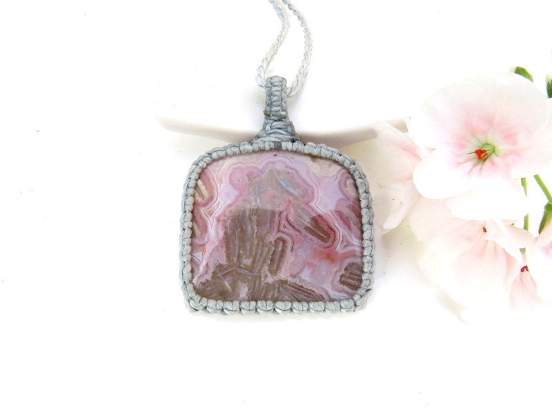 Rare Psuedomorph Pink Agate macrame necklace, Mothers day gift