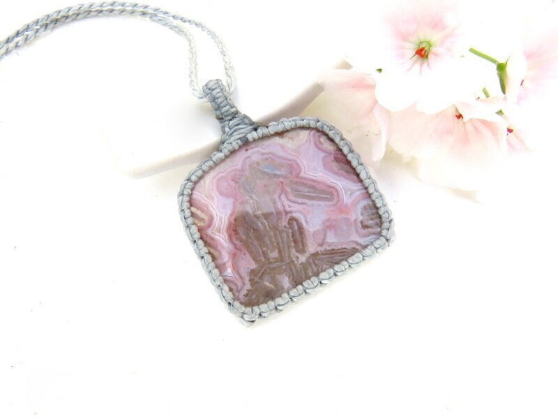 Rare Psuedomorph Pink Agate macrame necklace, Mothers day gift