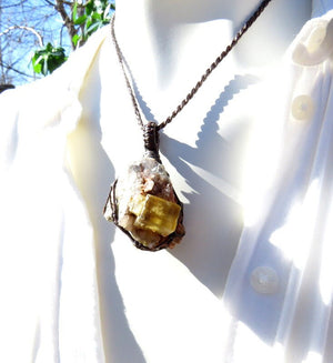 Yellow Fluorite and Quartz necklace, macrame necklace, fluorite crystal, gift ideas for the rock collector, rare crystal jewelry