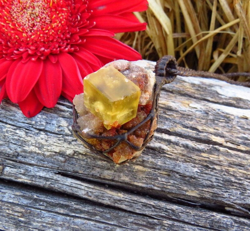 Yellow Fluorite and Quartz necklace, macrame necklace