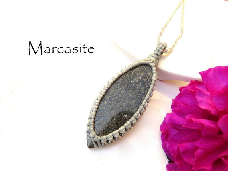 Fathers day gift ideas, Marcasite macrame necklace, marcasite gemstone, white iron pyrite, pyrite crystal, rock collector, gift for the dad