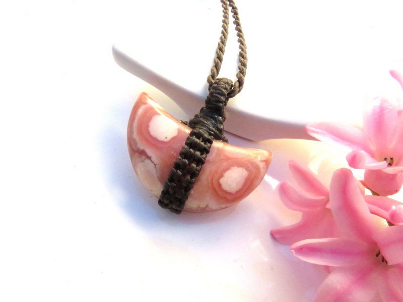 Rhodocrosite moon macrame necklace rhodocrosite gemstone meaning 50th birthday gift ideas for her celestial gift,