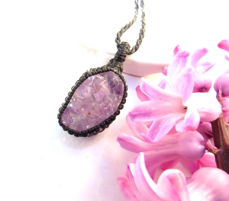 Raw Amethyst Crystal Macrame Necklace: February Birthstone Jewelry