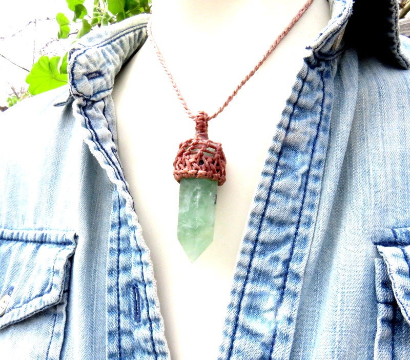 Green Fluorite macrame necklace, crystal point necklace