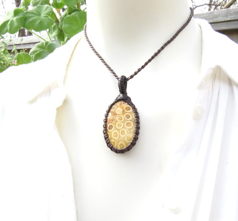Agatized coral macrame necklace, fossilized coral pendant