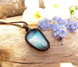 Rare Opalized Petrified Wood Gemstone necklace, macrame gemstone necklace, macrame jewelry, native copper, blue opal, mininalmist necklace