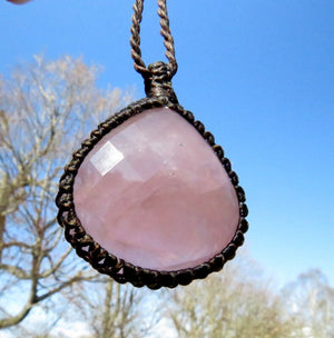 Faceted Rose Quartz macrame necklace, gift ideas for the hopeless romantic, gifts for the crystal collector, crystal necklaces for women