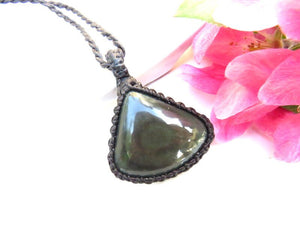 Rainbow Obsidian macrame necklace, obsidian jewelry, black obsidian gemstone, gift ideas for the crystal lover, for the zen seeker,