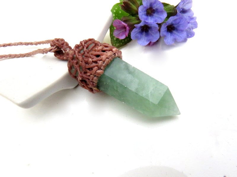 Green Fluorite macrame necklace, crystal point necklace