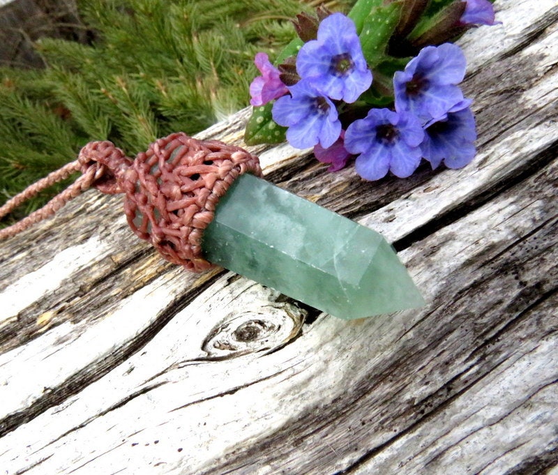 Green Fluorite macrame necklace, crystal point necklace