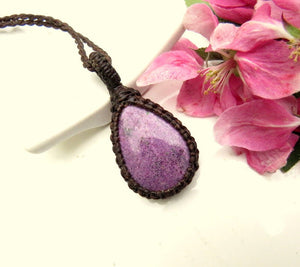 Purpurite Necklace , Purpurite jewelry, Purple stone pendant, Macrame necklace, yoga jewelry, gift ideas for the crystal collector,