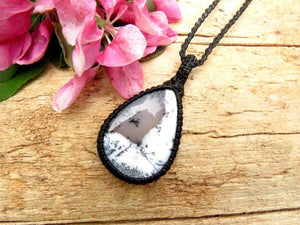Dendrite Opal gemstone necklace, moss opal, teardrop gemstone, macrame necklace, macrame jewelry, black and white, christmas gift ideas