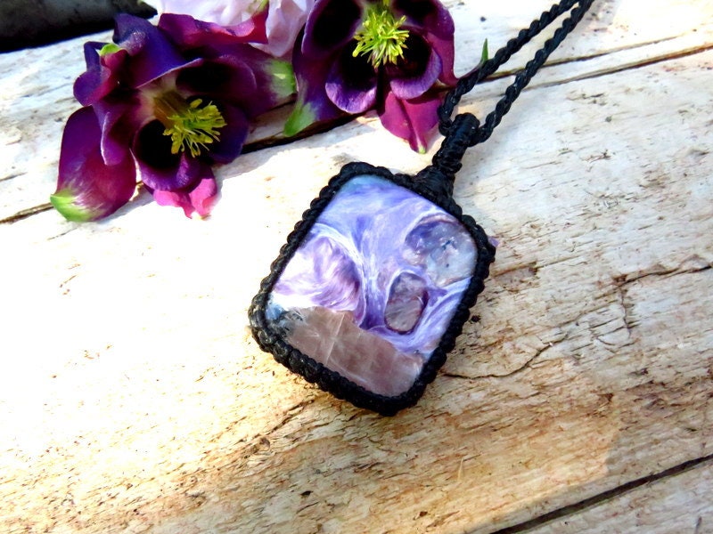 Charoite gemstone necklace, macrame necklace