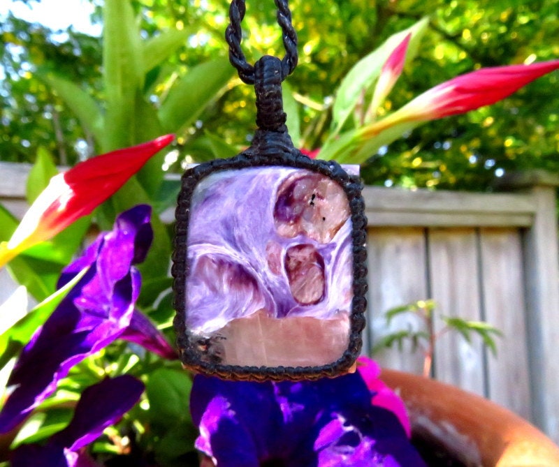 Charoite gemstone necklace, macrame necklace