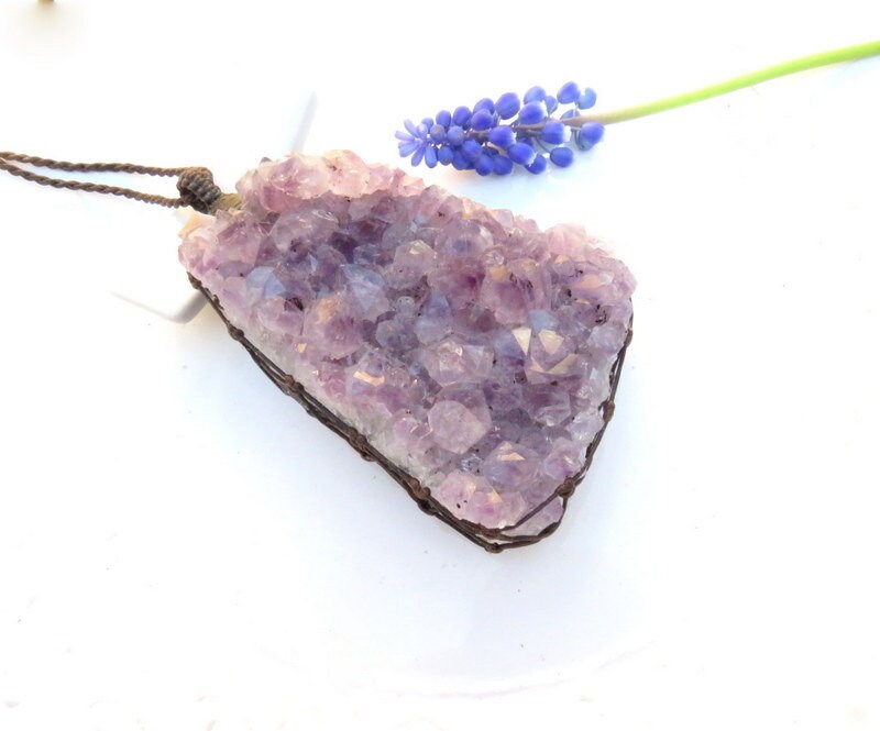 Large Amethyst druzy crystal necklace, statement necklace, amethyst cluster, gift ideas for the maximalist, macrame necklace, gifts for her