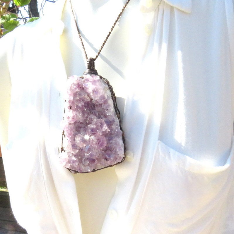 Large Amethyst druzy crystal necklace, statement necklace, amethyst cluster, gift ideas for the maximalist, macrame necklace, gifts for her