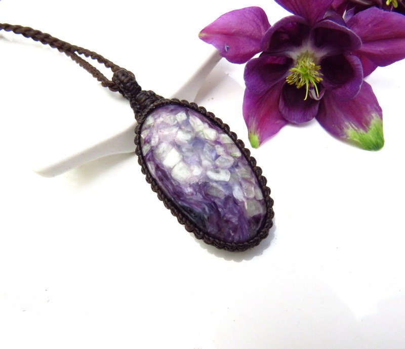 Charoite macrame necklace, charoite gemstone jewelry