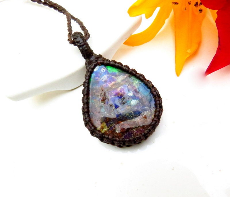 RESERVED FOR PAULINA, Ammolite macrame necklace, canadian ammolite, gemstone necklace, macrame jewelry, gift ideas for the rock collector