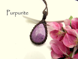 Purpurite Necklace , Purpurite jewelry, Purple stone pendant, Macrame necklace, yoga jewelry, gift ideas for the crystal collector,