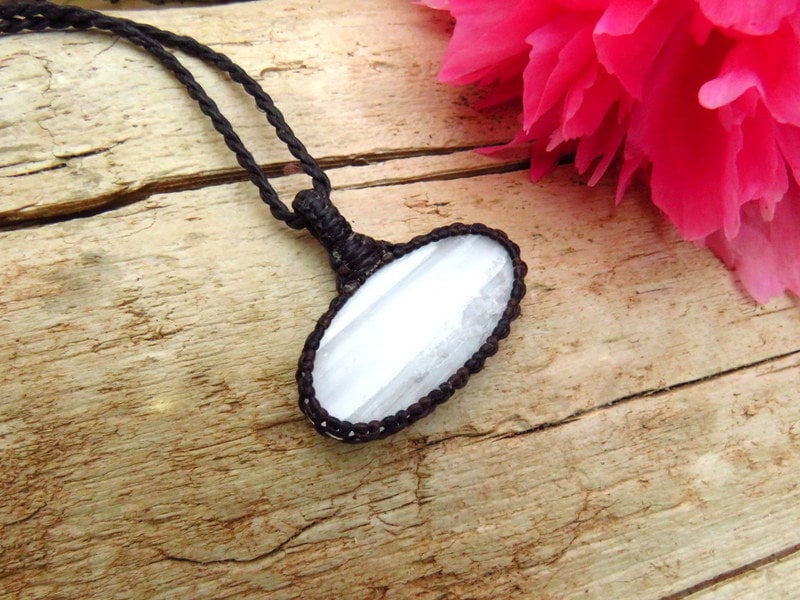Selenite crystal necklace, gift ideas for the zen seeker, for the boho beauty, guardian angel necklace, goddess necklace, macrame jewelry