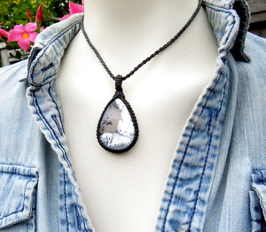 Dendrite Opal gemstone necklace, moss opal, teardrop gemstone, macrame necklace, macrame jewelry, black and white, christmas gift ideas