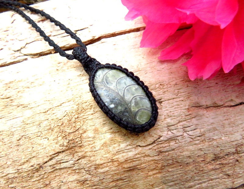 Ammonite Pyrite macrame necklace, Ammonite jewelry