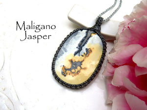 Maligano Jasper gemstone necklace, macrame necklace, jasper healing properties, jewelry gift ideas, gift ideas for the rock collector