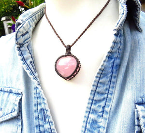 Rose Quartz heart macrame necklace, valentines day gift ideas, gifts for the mom, mothers day gift, gifts for the wellness enthusiast