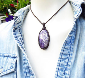 Charoite macrame necklace, charoite gemstone jewelry, inspirational gift ideas, gift ideas for her, for the boho beauty, crystal collector