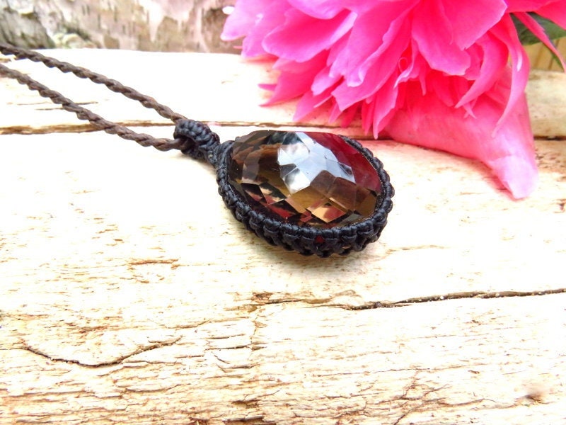 Faceted Smokey Quartz Necklace, Crystal necklace, Birthstone necklace, Healing crystal jewelry, macrame necklace, macrame jewelry