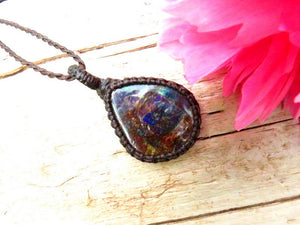 RESERVED FOR PAULINA, Ammolite macrame necklace, canadian ammolite, gemstone necklace, macrame jewelry, gift ideas for the rock collector