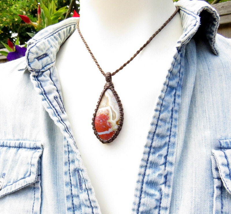 Agate macrame necklace, Agate gemstone jewelry
