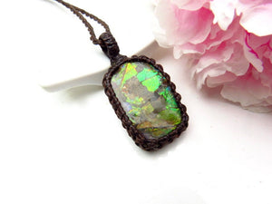 Ammolite macrame necklace, canadian ammolite, gemstone necklace, macrame jewelry, gift ideas for the rock collector, fossil necklace