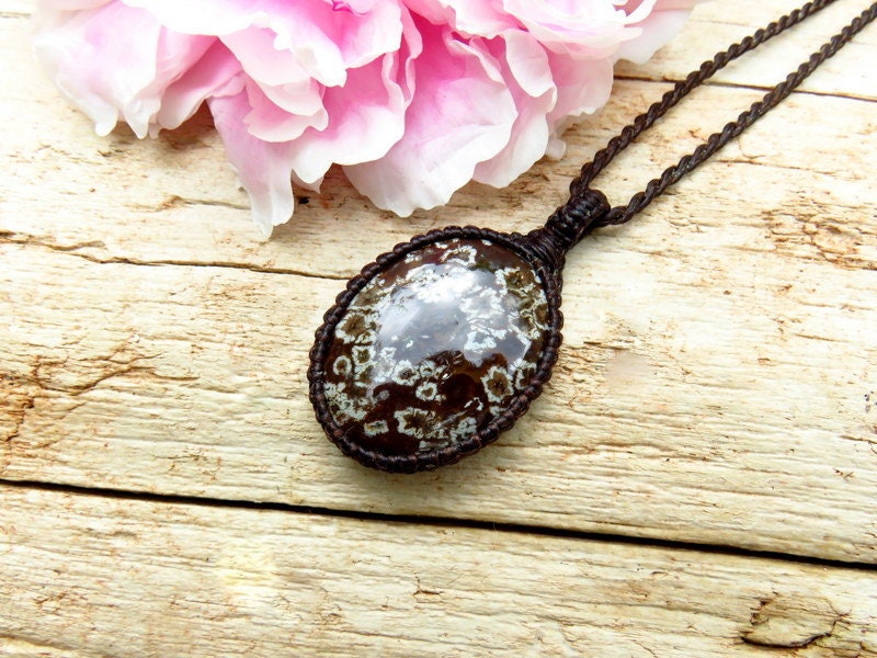 Snowflake Obsidian macrame necklace, snowflake jasper