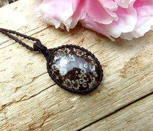 Snowflake Obsidian macrame necklace, snowflake jasper, gemstone jewelry, gifts for her, gifts for the rock collector, boho beauty