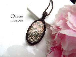 Ocean Jasper macrame necklace, gift ideas for the beach bum, the coastal grandma, the surfer, handmade gifts, friendship gifts, gemstone