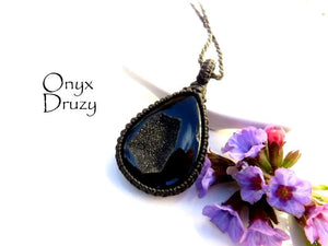 Gifts for her, Black Onyx Druzy Necklace, Onyx jewelry, macrame necklace, Druzy necklace, gothic crystals, black crystals, black lover