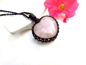 Rose Quartz heart macrame necklace, valentines day gift ideas, gifts for the mom, mothers day gift, gifts for the wellness enthusiast