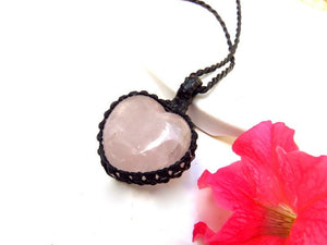 Rose Quartz heart macrame necklace, valentines day gift ideas, gifts for the mom, mothers day gift, gifts for the wellness enthusiast