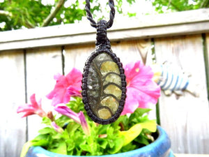 Ammonite Pyrite macrame necklace, Ammonite jewelry, mens necklace, fossil necklace, man gift idea, for the dad, christmas gift ideas