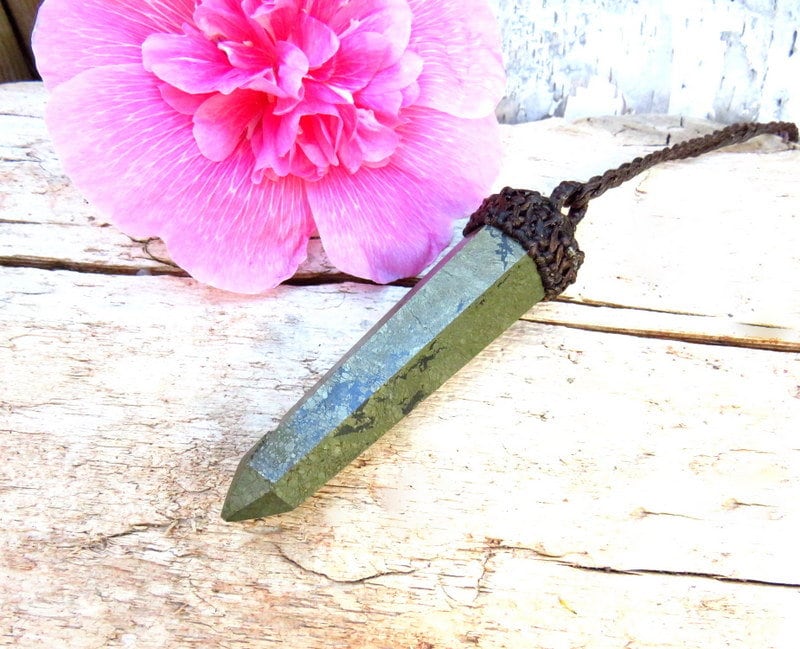 Golden Pyrite crystal point macrame necklace, pyrite necklace